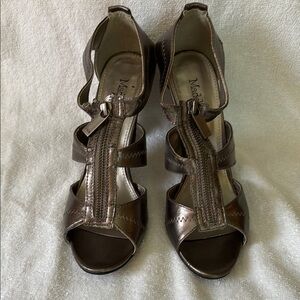 Madeline Stuart Pewter Heels Elegant T-Strap Design